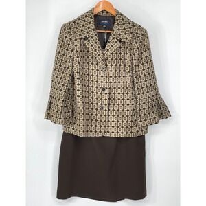 Jones Wear Women Suit 16 Skirt Set Brown Geometric Bell Sleeve Blazer Career